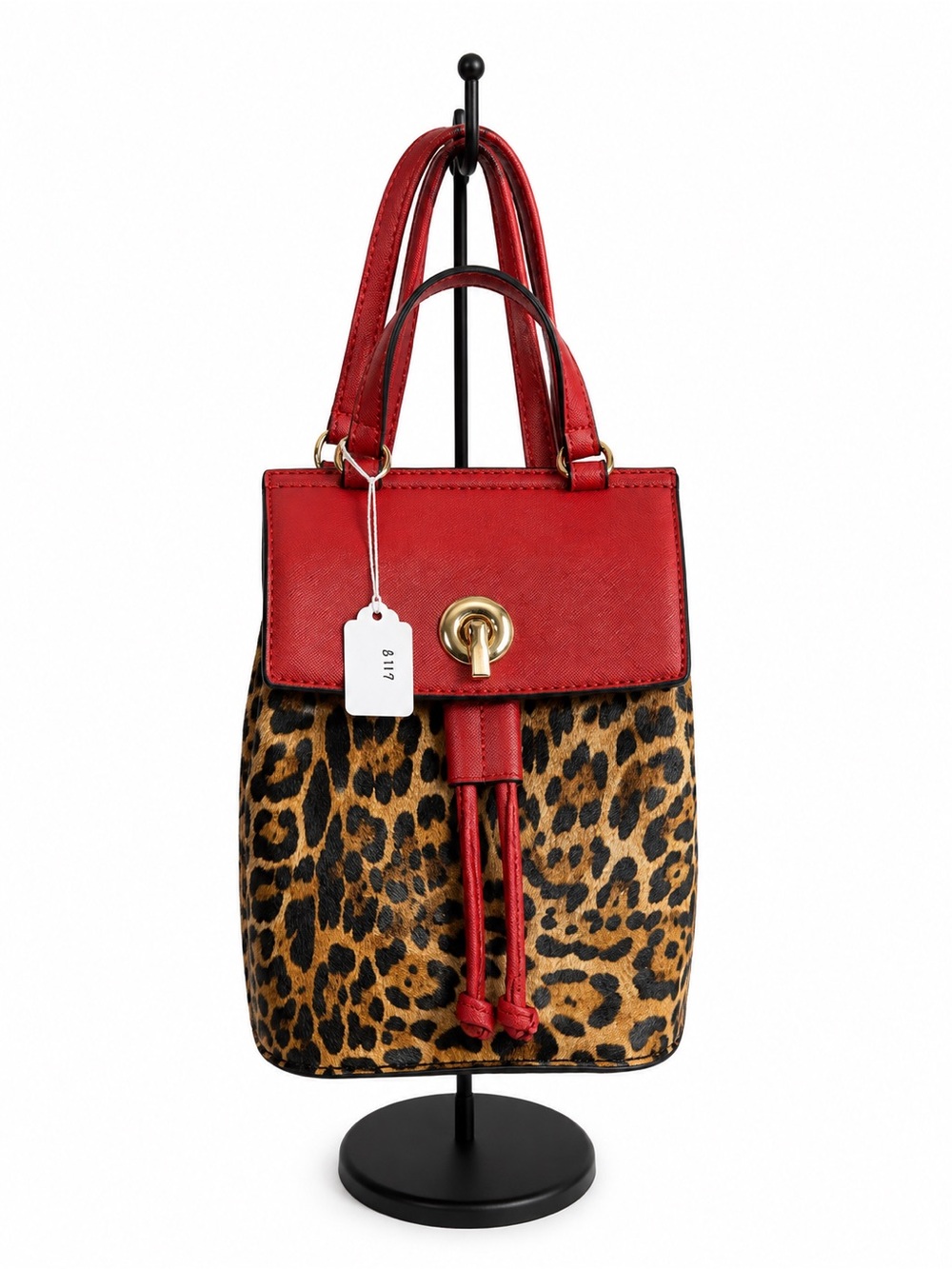 Red Leather Trim Leopard Print Mini Drawstring Bag